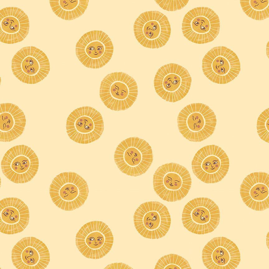 Cotton quilting fabric pattern called 'Sunshine in Lemon'. Part of the 'Shine On' fabric collection. Designed by Rae Ritchie for fabric company Dear Stella. SKU: ST-DRR2681LEMON. 44-45 inch width.