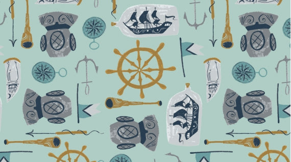 Cotton quilting fabric pattern called 'Sea Supplies in Harbor'. Part of the 'Aweigh North' fabric collection. Designed by Rae Ritchie for fabric company Dear Stella Fabrics. SKU: ST-SRR1057-HARBOR. 44-45 inch width.