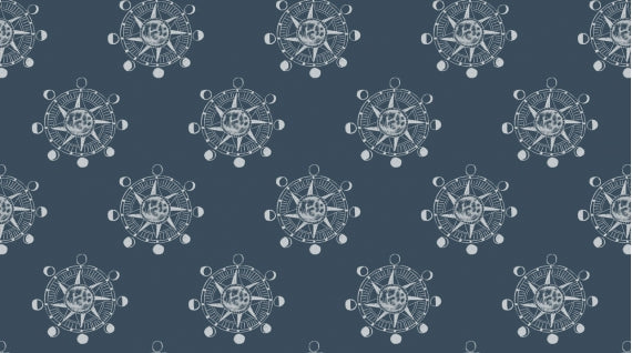 Cotton quilting fabric pattern called 'Star Compass in Bluesteel-  Rae Ritchie for Dear Stella'. Part of the 'Aweigh North' fabric collection. Designed by Rae Ritchie for fabric company Dear Stella Fabrics. SKU: ST-SRR1061. 44-45 inch width.