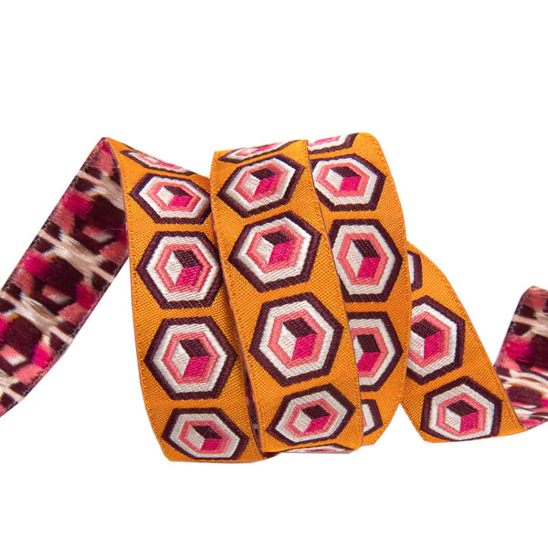 Renaissance Ribbons - Hexagon in Orange & Pink 7/8" - One Yard