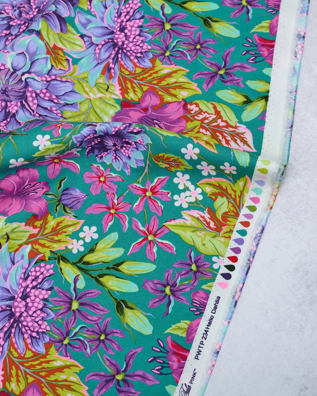 Cotton quilting fabric pattern called 'Hello Dahlia in Cosmic'. Part of the 'Untamed' fabric collection. Designed by Tula Pink for fabric company Free Spirit Fabrics. SKU: PWTP234.COSMIC. 44-45 inch width.