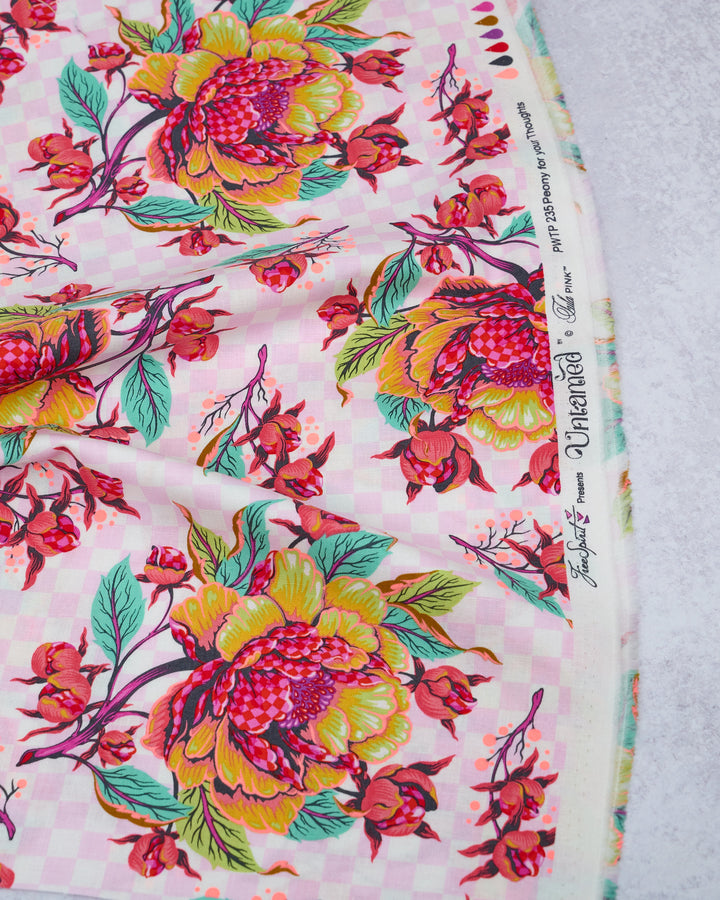 Cotton quilting fabric pattern called 'Peony for Your Thoughts in Lunar'. Part of the 'Untamed' fabric collection. Designed by Tula Pink for fabric company Free Spirit Fabrics. SKU: PWTP235.LUNAR. 44-45 inch width.