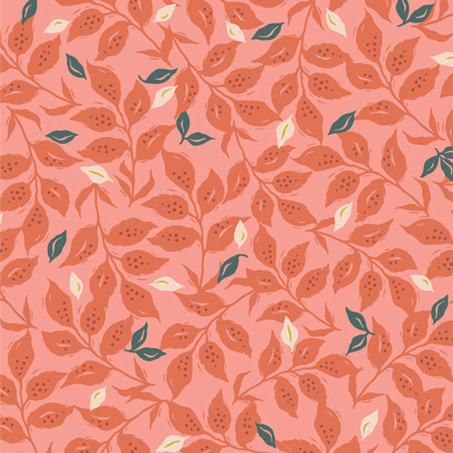 Cotton quilting fabric pattern called 'Woodcut in Sunset'. Part of the 'Velvet' fabric collection. Designed by Amy Sinibaldi for fabric company Art Gallery Fabrics. SKU: VLV-49657. 44-45 inch width.