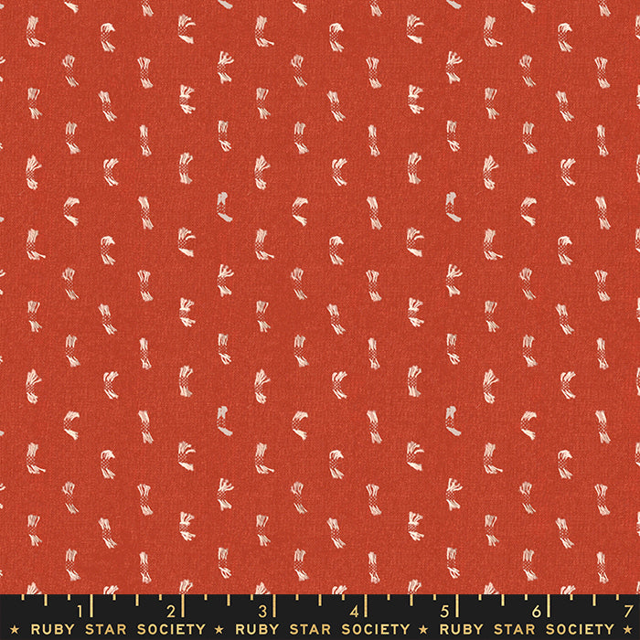 Cotton quilting fabric pattern called 'Flicker in Persimmon'. Part of the 'Warp and Weft' fabric collection. Designed by Ruby Star Society for fabric company Moda Fabrics. SKU: RS4012 14. 44-45 inch width.