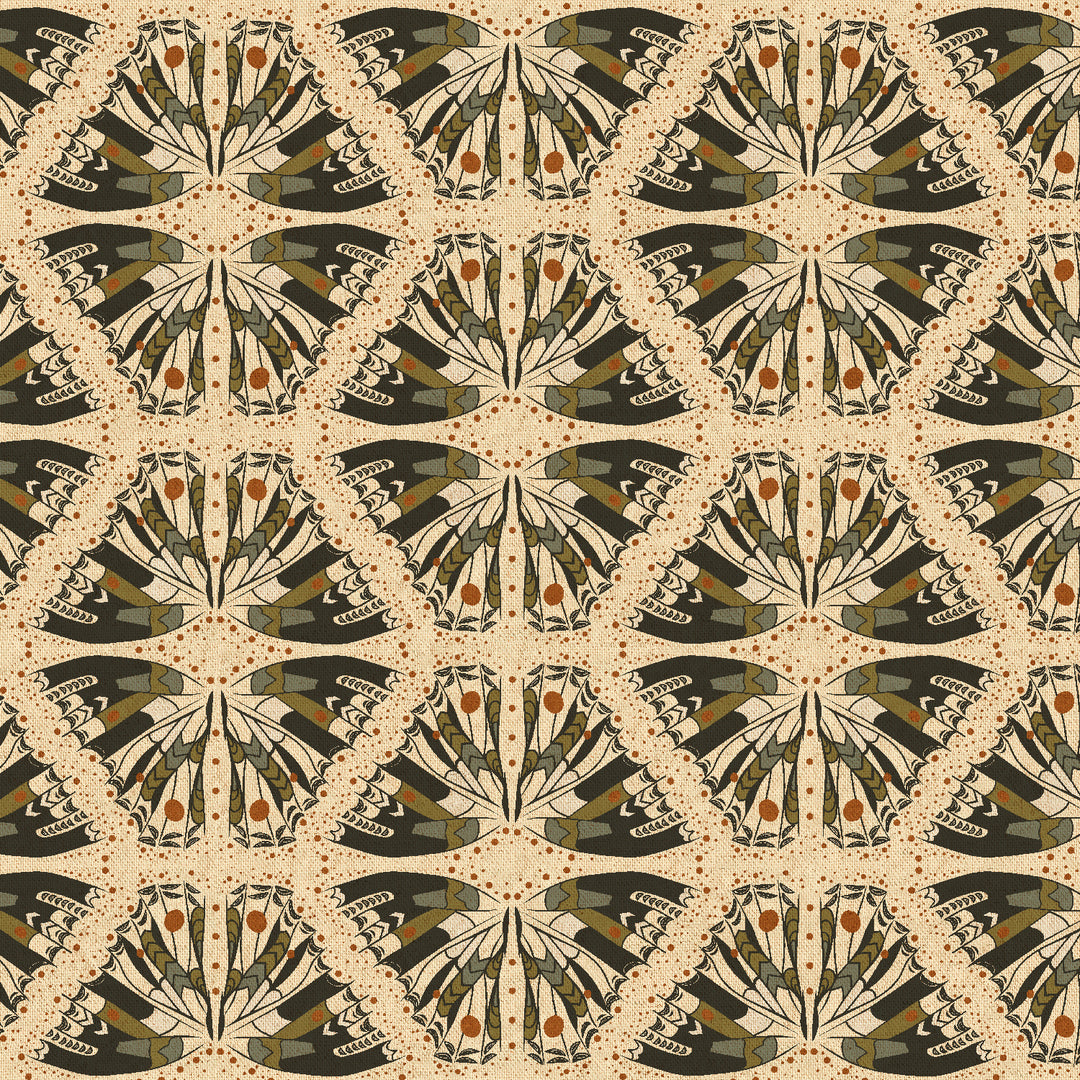 Cotton quilting fabric pattern called 'Swallowtail In Olive Unbleached Canvas'. Part of the 'Scout Lake' fabric collection. Designed by Ash Cascade for fabric company RJR Fabrics. SKU: AC400-OL7UCM. 44-45 inch width.