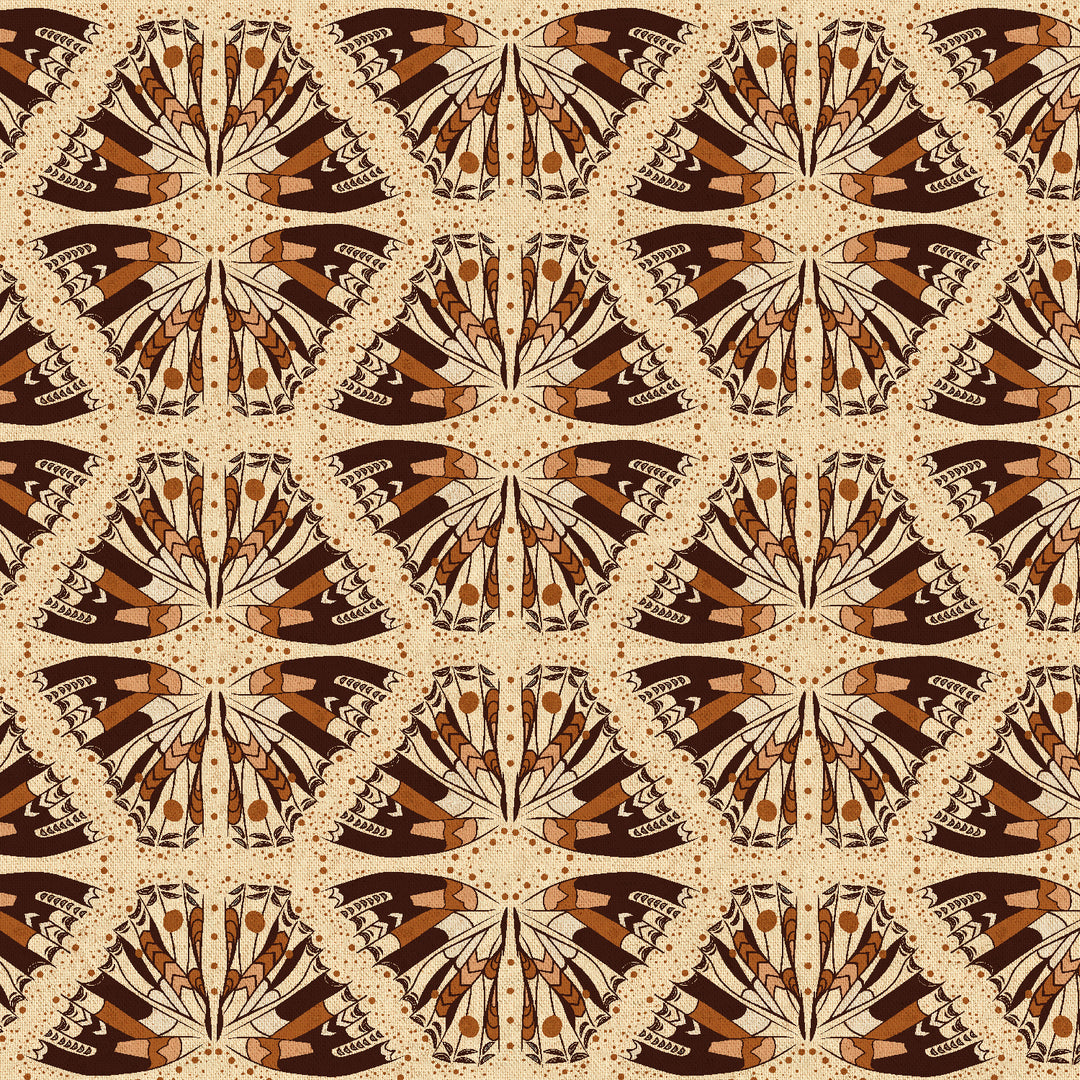 Cotton quilting fabric pattern called 'Swallowtail In Reflection Unbleached Canvas'. Part of the 'Scout Lake' fabric collection. Designed by Ash Cascade for fabric company RJR Fabrics. SKU: AC400-RE8UCM. 44-45 inch width.