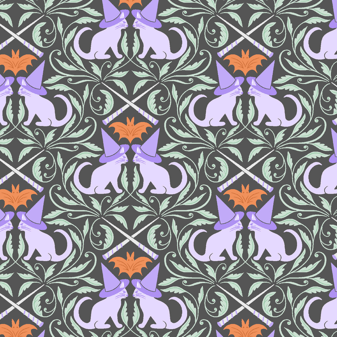 Cotton quilting fabric pattern called 'Nocturnal Pearlescent'. Part of the 'School of Magic' fabric collection. Designed by Carys Mula for fabric company Cotton and Steel. SKU: CM100-HP1P. 44-45 inch width.