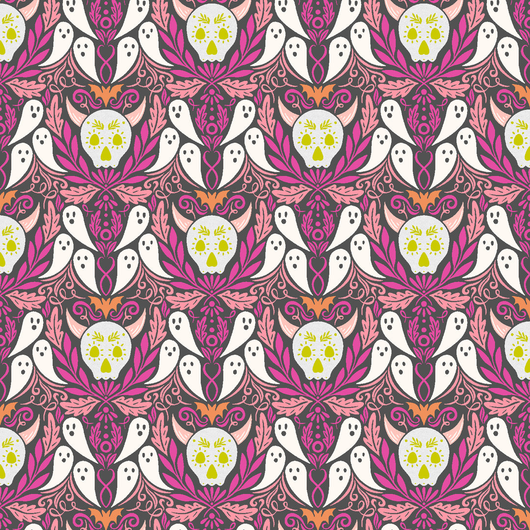 Cotton quilting fabric pattern called 'Ghosties & Ghoulies'. Part of the 'School of Magic' fabric collection. Designed by Carys Mula for fabric company Cotton and Steel. SKU: CM101-SH3P. 44-45 inch width.