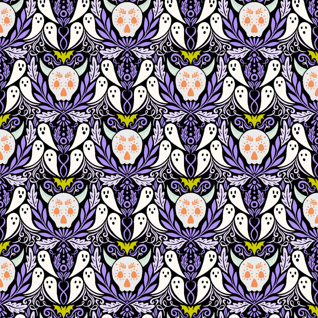 Cotton quilting fabric pattern called 'Ghosties & Ghoulies'. Part of the 'School of Magic' fabric collection. Designed by Carys Mula for fabric company Cotton and Steel. SKU: CM101-WF2P. 44-45 inch width.