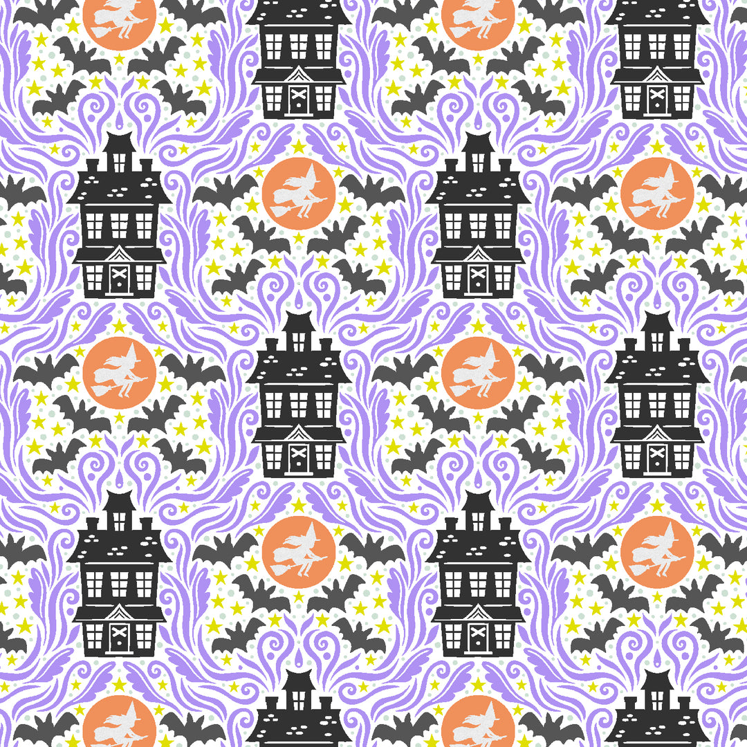 Cotton quilting fabric pattern called 'Haunted House'. Part of the 'School of Magic' fabric collection. Designed by Carys Mula for fabric company Cotton and Steel. SKU: CM102-HR2P. 44-45 inch width.