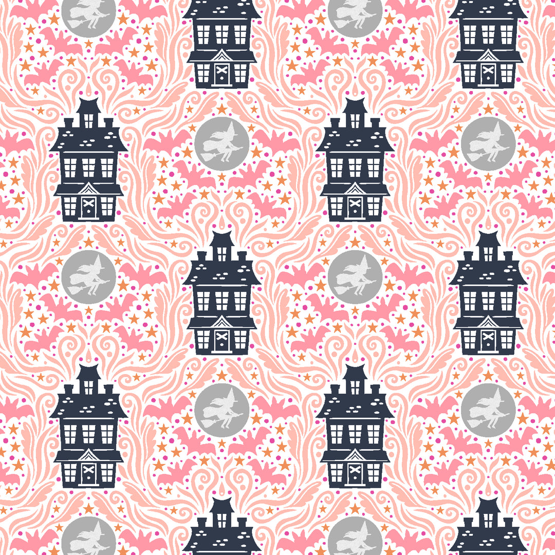 Cotton quilting fabric pattern called 'Haunted House'. Part of the 'School of Magic' fabric collection. Designed by Carys Mula for fabric company Cotton and Steel. SKU: CM102-MH3P. 44-45 inch width.