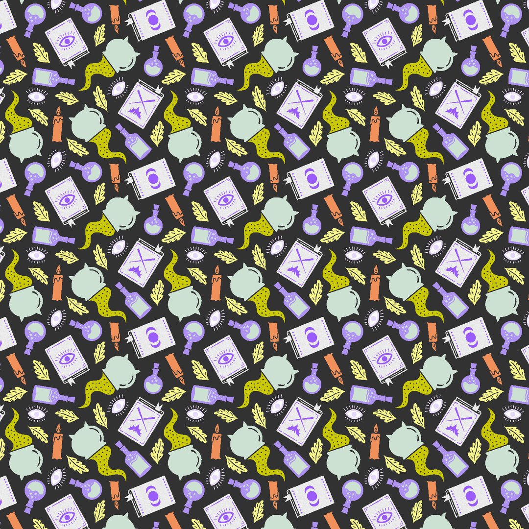 Cotton quilting fabric pattern called 'Potion Making'. Part of the 'School of Magic' fabric collection. Designed by Carys Mula for fabric company Cotton and Steel. SKU: CM103-SP2P. 44-45 inch width.