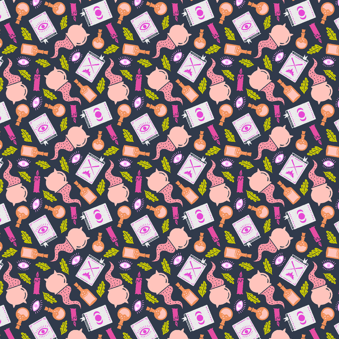 Cotton quilting fabric pattern called 'Potion Making'. Part of the 'School of Magic' fabric collection. Designed by Carys Mula for fabric company Cotton and Steel. SKU: CM103-SU3P. 44-45 inch width.