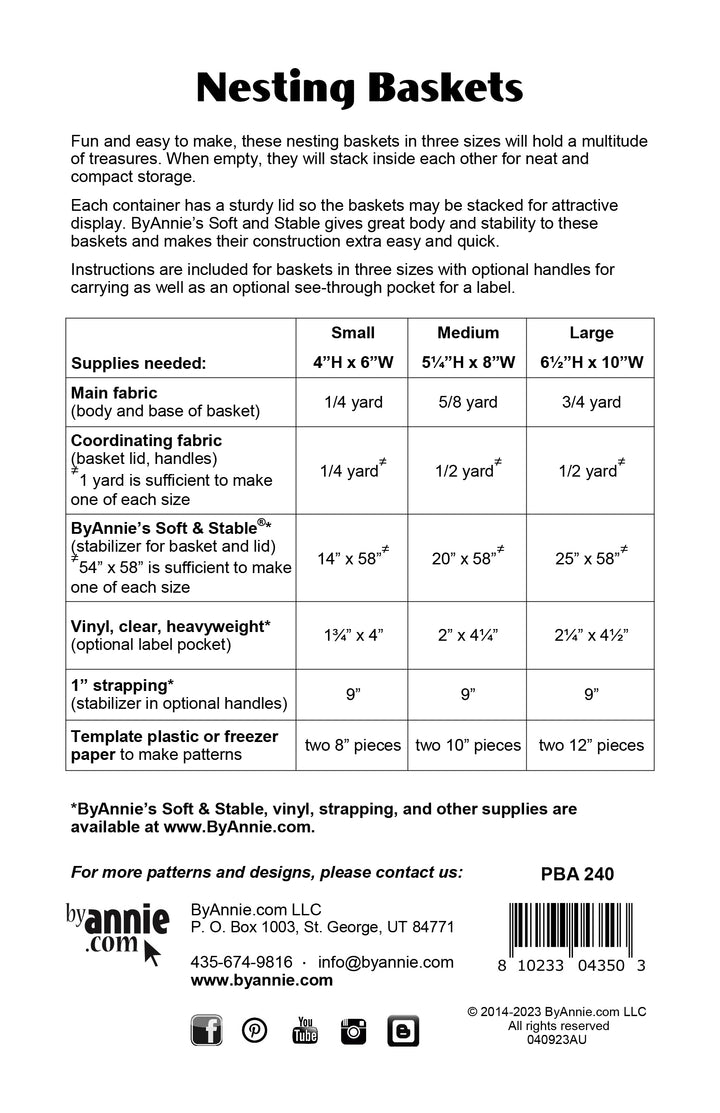 Nesting Baskets - By Annie - Printed Bag Pattern