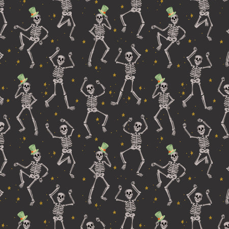 Cotton quilting fabric pattern called 'Skeletons on Black Metallic'. Part of the 'Halloween' fabric collection. Designed by Rifle Paper Company for fabric company Cotton + Steel Fabrics. SKU: RP1301-BK1M. 44-45 inch width.