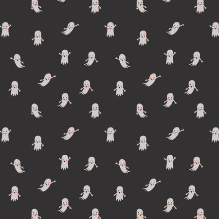 Cotton quilting fabric pattern called 'Ghosts on Black'. Part of the 'Halloween' fabric collection. Designed by Rifle Paper Company for fabric company Cotton + Steel Fabrics. SKU: RP1303-BK1. 44-45 inch width.