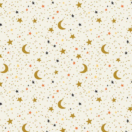 Cotton quilting fabric pattern called 'October Night on Cream Metallic'. Part of the 'Halloween' fabric collection. Designed by Rifle Paper Company for fabric company Cotton + Steel Fabrics. SKU: RP1305-CR3M. 44-45 inch width.