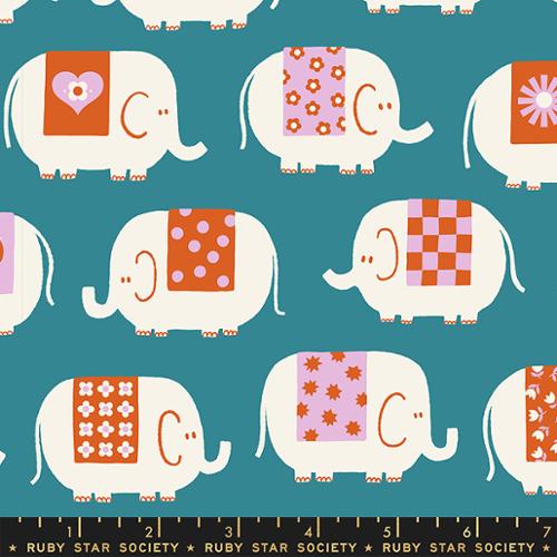 Cotton quilting fabric pattern called 'Elephants in Storytime'. Part of the 'Picture Book' fabric collection. Designed by Kimberly Kight for fabric company Ruby Star Society. SKU: RS3069 16. 44-45 inch width.