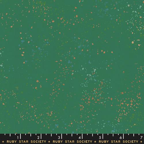 Cotton quilting fabric pattern called 'Emerald Green'. Part of the 'Speckled Metallic' fabric collection. Designed by Ruby Star Society for fabric company Moda Fabrics. SKU: RS5027 74M. 44-45 inch width.