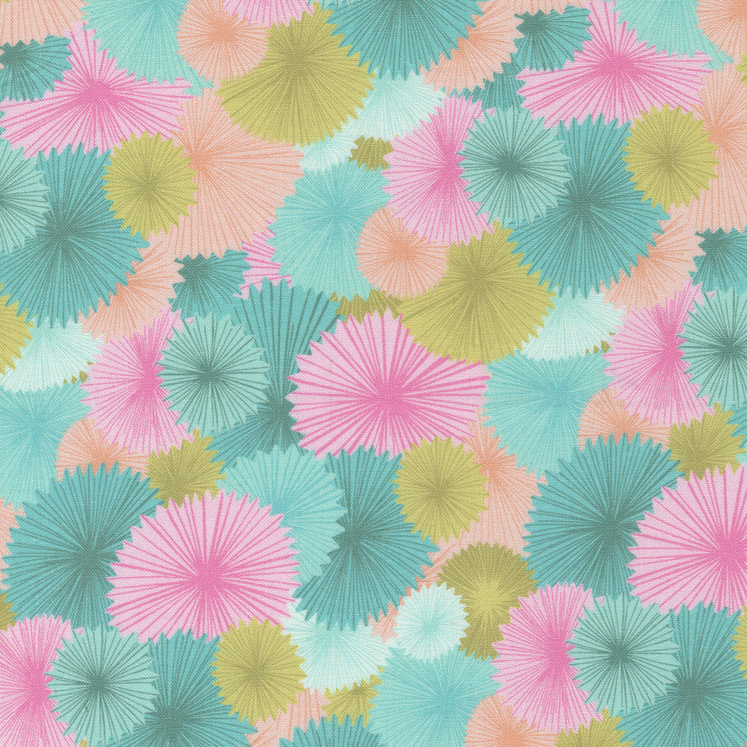 Cotton quilting fabric pattern called 'Paper Fans in Pool Party'. Part of the 'Soiree' fabric collection. Designed by Mara Penny for fabric company Moda Fabrics. SKU: 13374 21. 44-45 inch width.