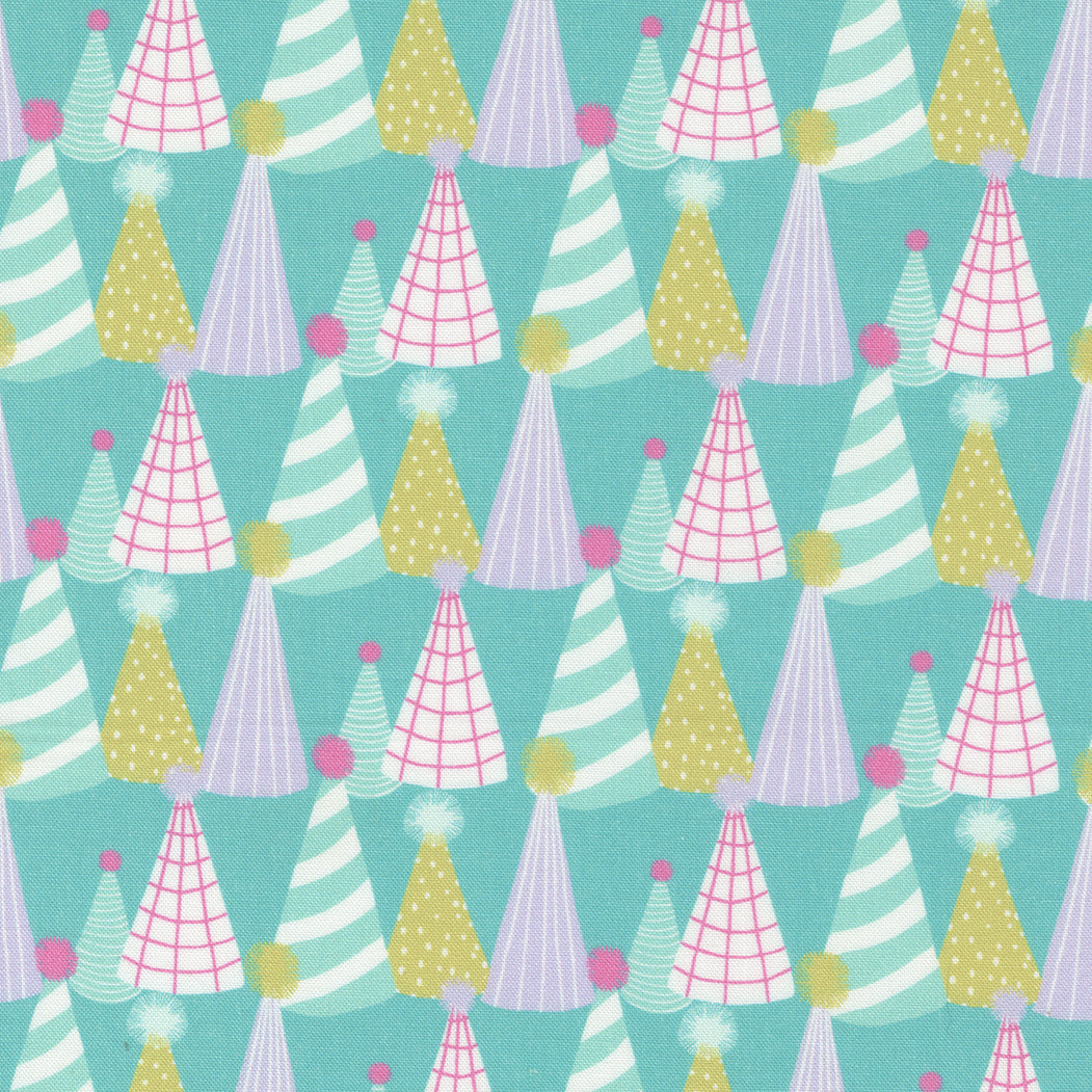 Cotton quilting fabric pattern called 'Paper Hats in Pool Party'. Part of the 'Soiree' fabric collection. Designed by Mara Penny for fabric company Moda Fabrics. SKU: 13375 21. 44-45 inch width.