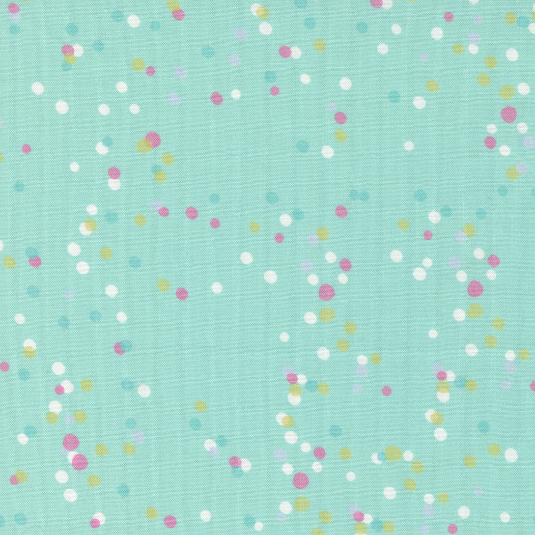 Cotton quilting fabric pattern called 'Confetti Toss in Splash'. Part of the 'Soiree' fabric collection. Designed by Mara Penny for fabric company Moda Fabrics. SKU: 13377 20. 44-45 inch width.