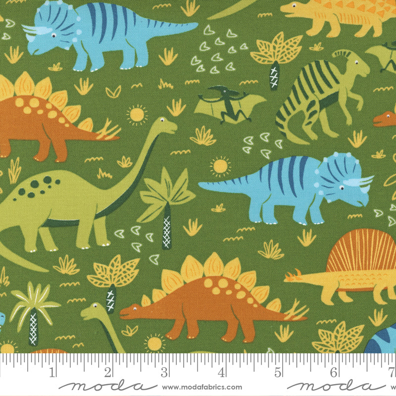 Cotton quilting fabric pattern called 'Dino Stomp in Jungle'. Part of the 'Stomp Stomp Roar' fabric collection. Designed by Stacey Iest Hsu for fabric company Moda Fabrics. SKU: 20820 18. 44-45 inch width.