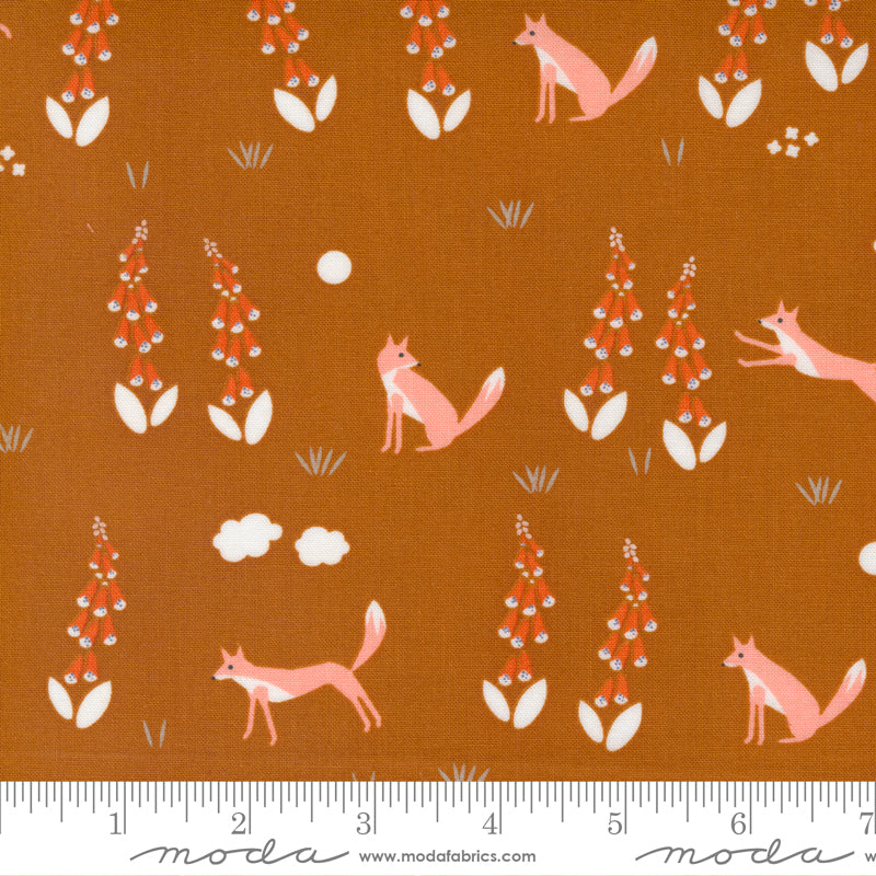 Cotton quilting fabric pattern called 'Foxes in Saddle'. Part of the 'Meander' fabric collection. Designed by Aneela Hoey for fabric company Moda Fabrics. SKU: 24581 14. 44-45 inch width.