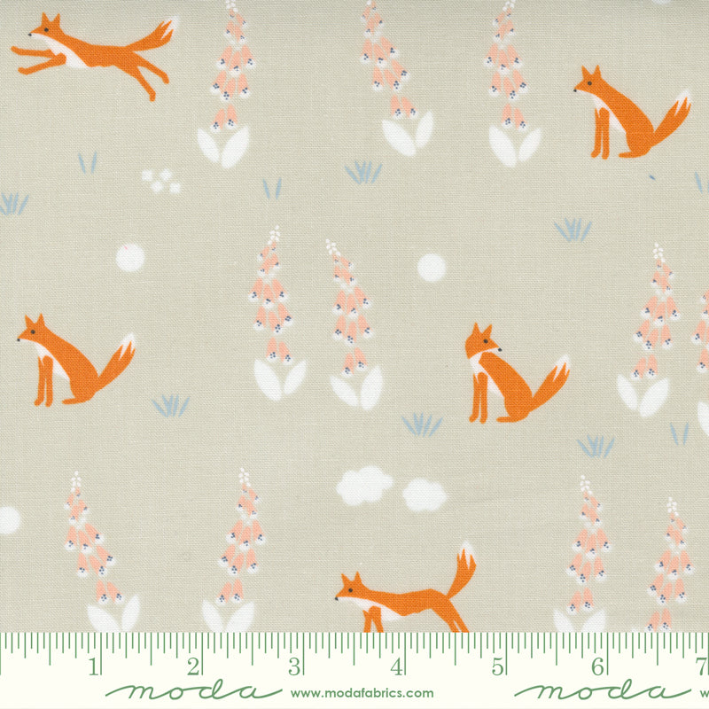 Cotton quilting fabric pattern called 'Foxes in Cloud'. Part of the 'Meander' fabric collection. Designed by Aneela Hoey for fabric company Moda Fabrics. SKU: 24581 15. 44-45 inch width.