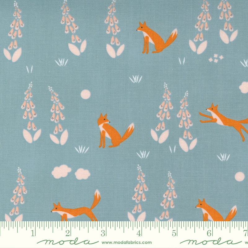 Cotton quilting fabric pattern called 'Foxes in Denim'. Part of the 'Meander' fabric collection. Designed by Aneela Hoey for fabric company Moda Fabrics. SKU: 24581 16. 44-45 inch width.