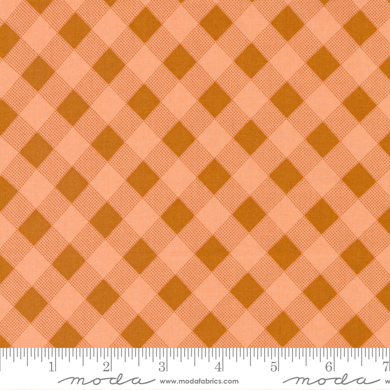 Cotton quilting fabric pattern called 'Picnic Check in Peach'. Part of the 'Meander' fabric collection. Designed by Aneela Hoey for fabric company Moda Fabrics. SKU: 24584 12. 44-45 inch width.