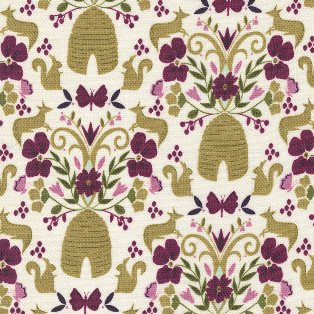 Cotton quilting fabric pattern called 'Flora and Fauna in Porcelain'. Part of the 'Wild Meadow' fabric collection. Designed by Fancy That Design House & Co. for fabric company Moda Fabrics. SKU: 43131 11. 44-45 inch width.