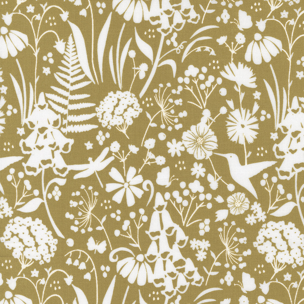 Cotton quilting fabric pattern called 'Meadow Stroll in Bronze'. Part of the 'Wild Meadow' fabric collection. Designed by Fancy That Design House & Co. for fabric company Moda Fabrics. SKU: 43132 12. 44-45 inch width.