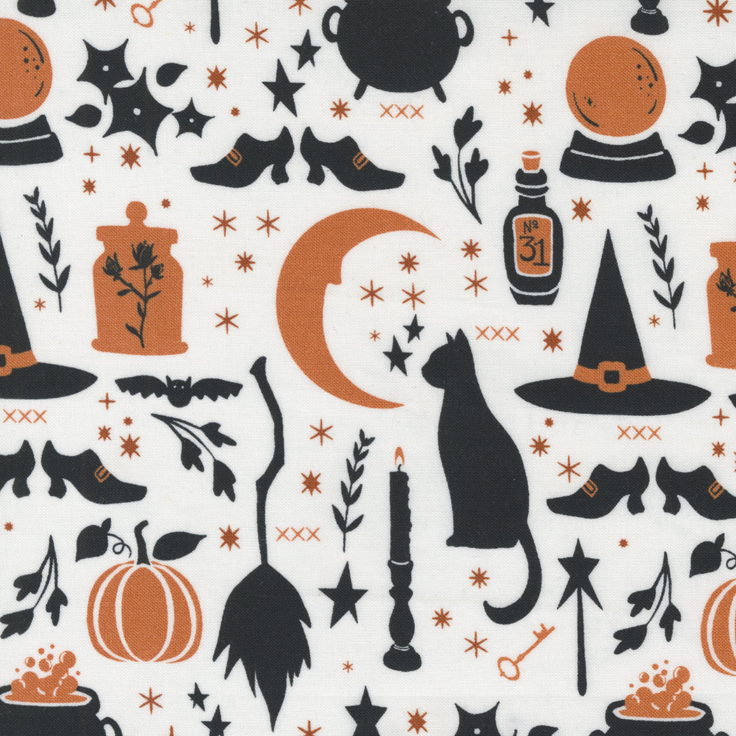 Cotton quilting fabric pattern called 'All Hallows Eve in Ghost'. Part of the 'Spellbound' fabric collection. Designed by Sweetfire Road for fabric company Moda Fabrics. SKU: 43140 11. 44-45 inch width.