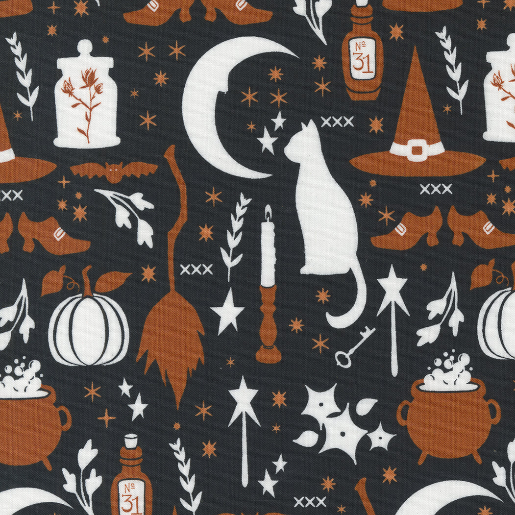 Cotton quilting fabric pattern called 'All Hallows Eve in Cauldron'. Part of the 'Spellbound' fabric collection. Designed by Sweetfire Road for fabric company Moda Fabrics. SKU: 43140 12. 44-45 inch width.