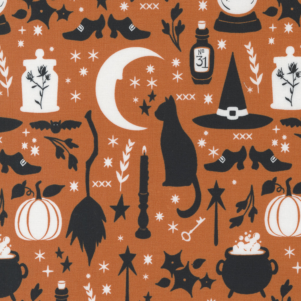 Cotton quilting fabric pattern called 'All Hallows Eve in Pumpkin'. Part of the 'Spellbound' fabric collection. Designed by Sweetfire Road for fabric company Moda Fabrics. SKU: 43140 13. 44-45 inch width.