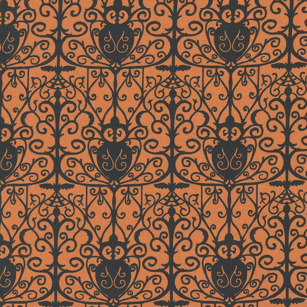 Cotton quilting fabric pattern called 'Garden Gates in Pumpkin'. Part of the 'Spellbound' fabric collection. Designed by Sweetfire Road for fabric company Moda Fabrics. SKU: 43143 13. 44-45 inch width.