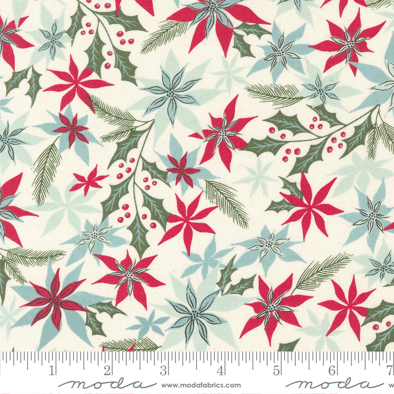 Cotton quilting fabric pattern called 'Joyful Petals in Snow'. Part of the 'Good News, Great Joy' fabric collection. Designed by Fancy That Design House for fabric company Moda Fabrics. SKU: 45561 11. 44-45 inch width.