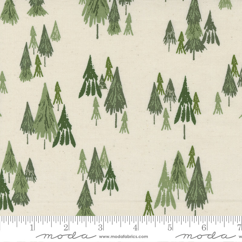 Cotton quilting fabric pattern called 'Fir Forest in Snow'. Part of the 'Good News, Great Joy' fabric collection. Designed by Fancy That Design House for fabric company Moda Fabrics. SKU: 45562 11. 44-45 inch width.