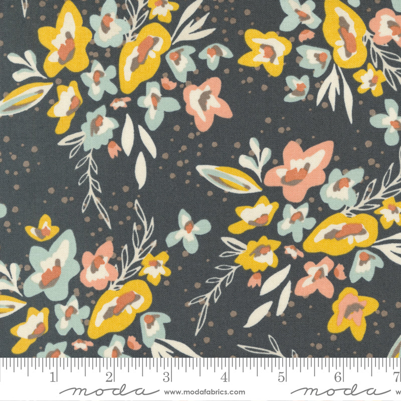 Cotton quilting fabric pattern called 'Spray and Sprig in Charcoal'. Part of the 'Dawn on the Prairie' fabric collection. Designed by Fancy That Design House for fabric company Moda Fabrics. SKU: 45570 19. 44-45 inch width.