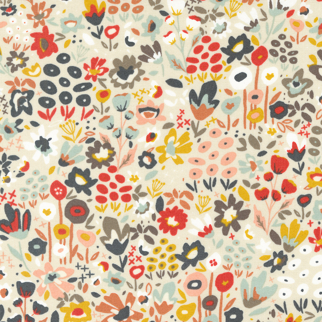 Cotton quilting fabric pattern called 'Meadow Walk in Stone Path'. Part of the 'Dawn on the Prairie' fabric collection. Designed by Fancy That Design House for fabric company Moda Fabrics. SKU: 45572 12. 44-45 inch width.