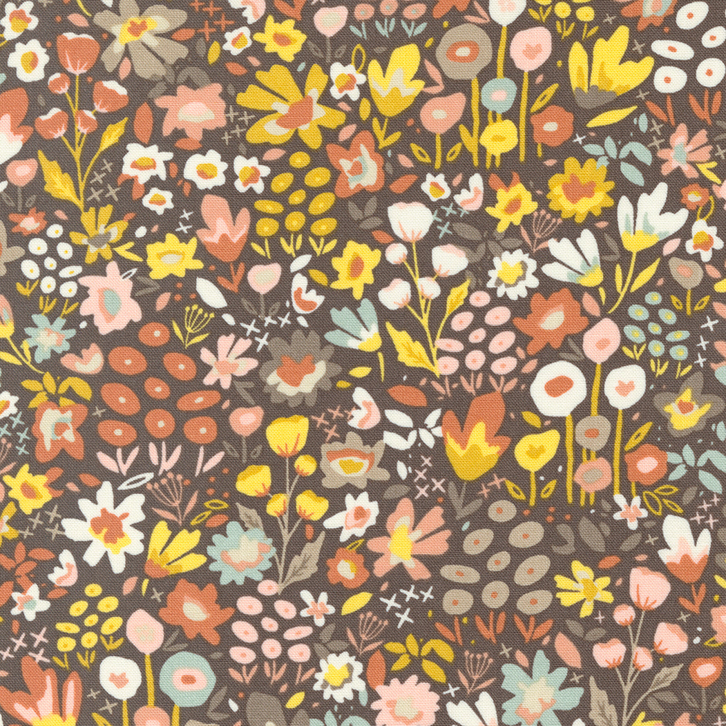 Cotton quilting fabric pattern called 'Meadow Walk in Mud Pie'. Part of the 'Dawn on the Prairie' fabric collection. Designed by Fancy That Design House for fabric company Moda Fabrics. SKU: 45572 15. 44-45 inch width.