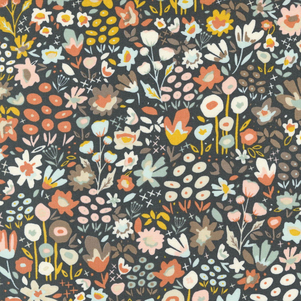 Cotton quilting fabric pattern called 'Meadow Walk in Charcoal'. Part of the 'Dawn on the Prairie' fabric collection. Designed by Fancy That Design House for fabric company Moda Fabrics. SKU: 45572 19. 44-45 inch width.