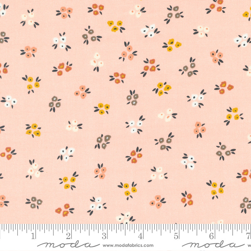 Cotton quilting fabric pattern called 'Sweet Ditsy in Carnation'. Part of the 'Dawn on the Prairie' fabric collection. Designed by Fancy That Design House for fabric company Moda Fabrics. SKU: 45573 22. 44-45 inch width.