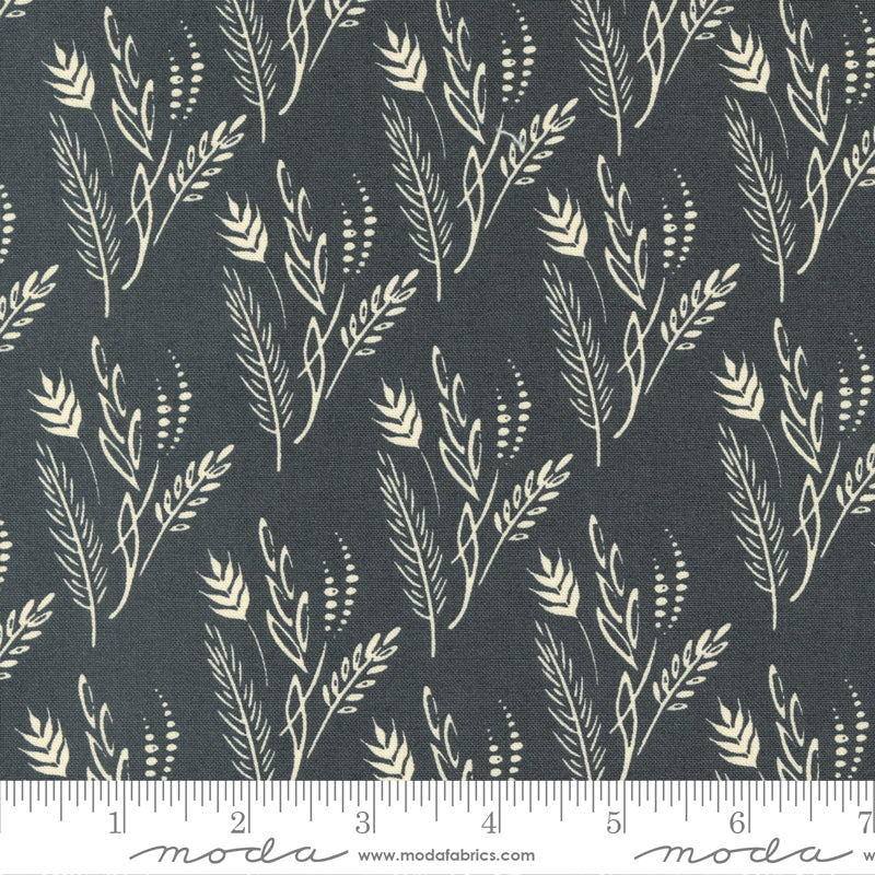 Cotton quilting fabric pattern called 'Grasslands in Charcoal'. Part of the 'Dawn on the Prairie' fabric collection. Designed by Fancy That Design House for fabric company Moda Fabrics. SKU: 45574 19. 44-45 inch width.