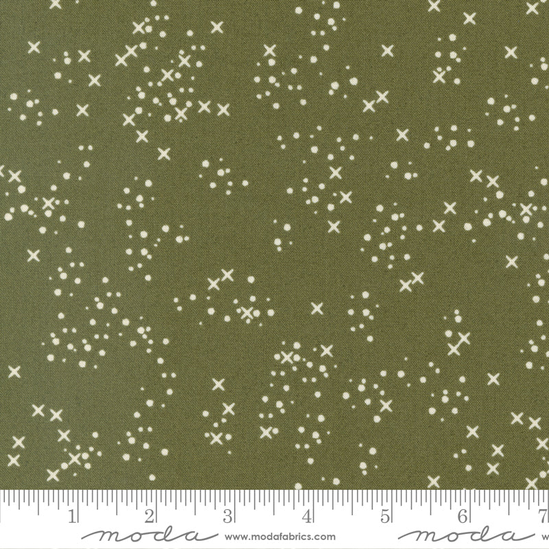 Cotton quilting fabric pattern called 'Stitch Confetti in Moss Shadow'. Part of the 'Dawn on the Prairie' fabric collection. Designed by Fancy That Design House for fabric company Moda Fabrics. SKU: 45577 21. 44-45 inch width.