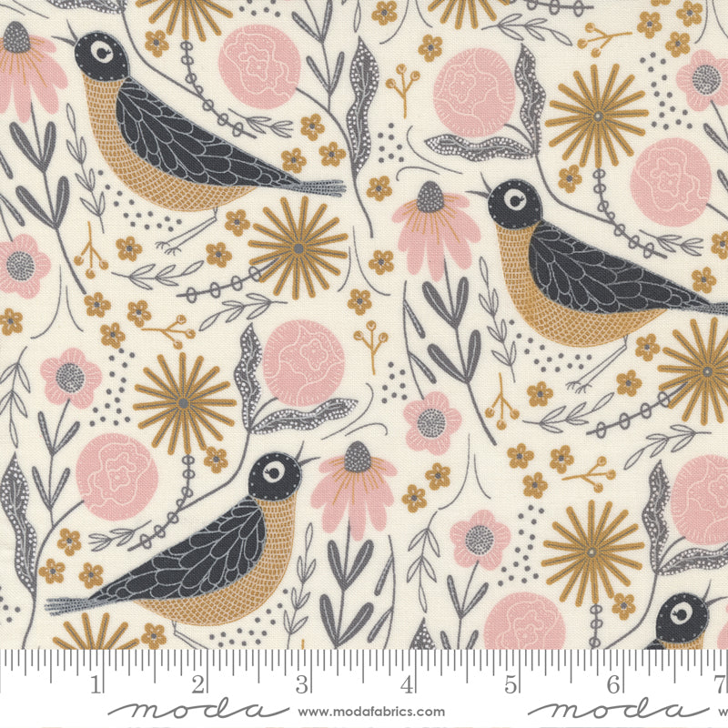 Cotton quilting fabric pattern called 'Songbird in Cloud Sunshine'. Part of the 'Birdsong' fabric collection. Designed by Gingiber for fabric company Moda FAbrics. SKU: 48352 31. 44-45 inch width.