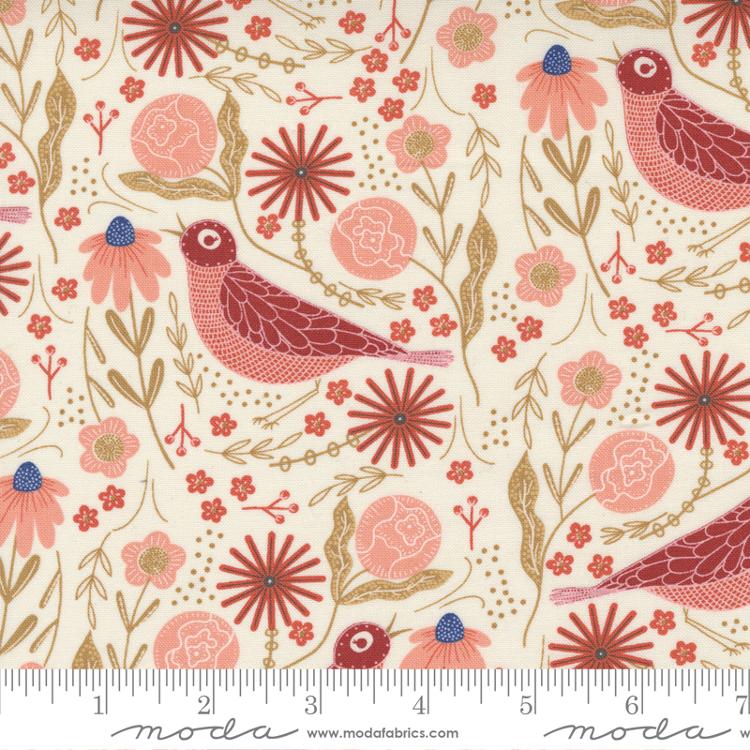 Cotton quilting fabric pattern called 'Songbird in Cloud Cardinal'. Part of the 'Birdsong' fabric collection. Designed by Gingiber for fabric company Moda FAbrics. SKU: 48352 21. 44-45 inch width.