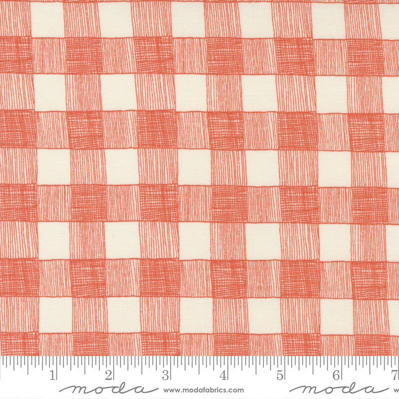 Cotton quilting fabric pattern called 'Hand Drawn Plaid in Cardinal'. Part of the 'Birdsong' fabric collection. Designed by Gingiber for fabric company Moda FAbrics. SKU: 48356 13. 44-45 inch width.