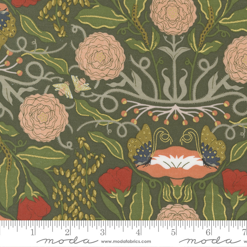 Cotton quilting fabric pattern called 'In the Meadow in Forest'. Part of the 'Meadowmere' fabric collection. Designed by Gingiber for fabric company Moda Fabrics. SKU: 48360 33M. 44-45 inch width.